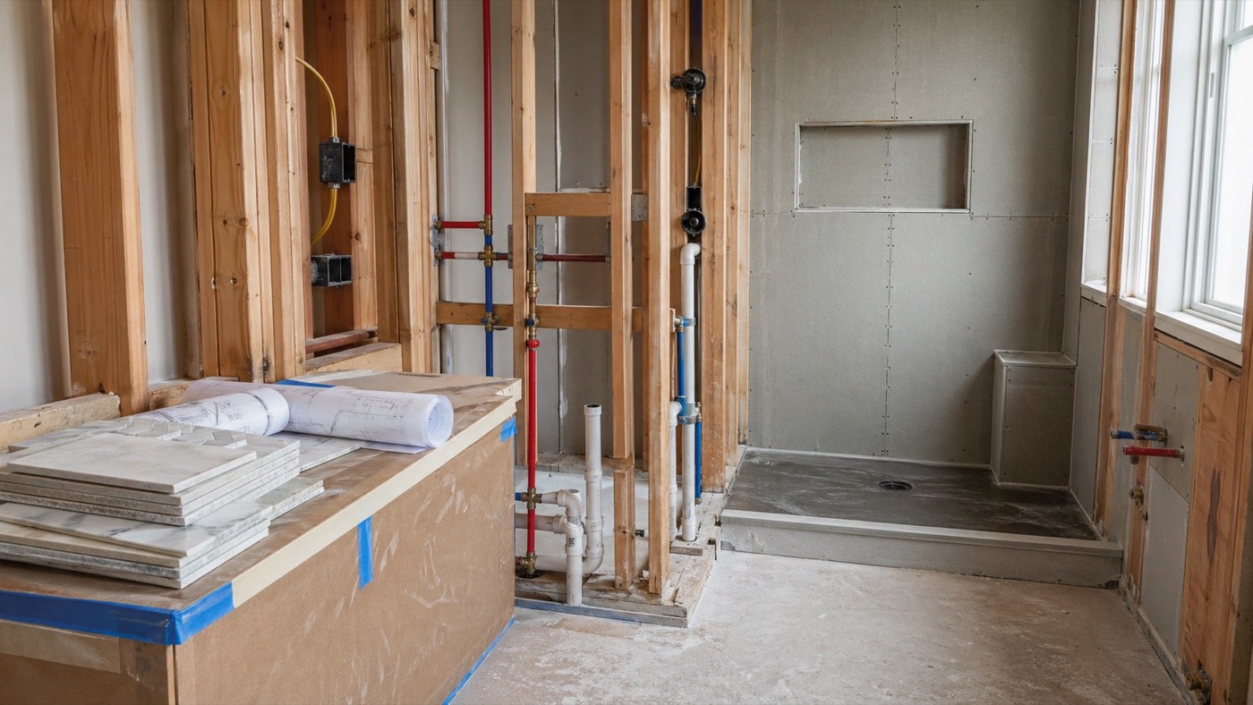 Bathroom remodel rough-in showing framing, PEX water supply lines, and shower pan during a San Antonio general contractor project Bathroom remodel rough-in showing framing, PEX water supply lines, and shower pan during a San Antonio general contractor project