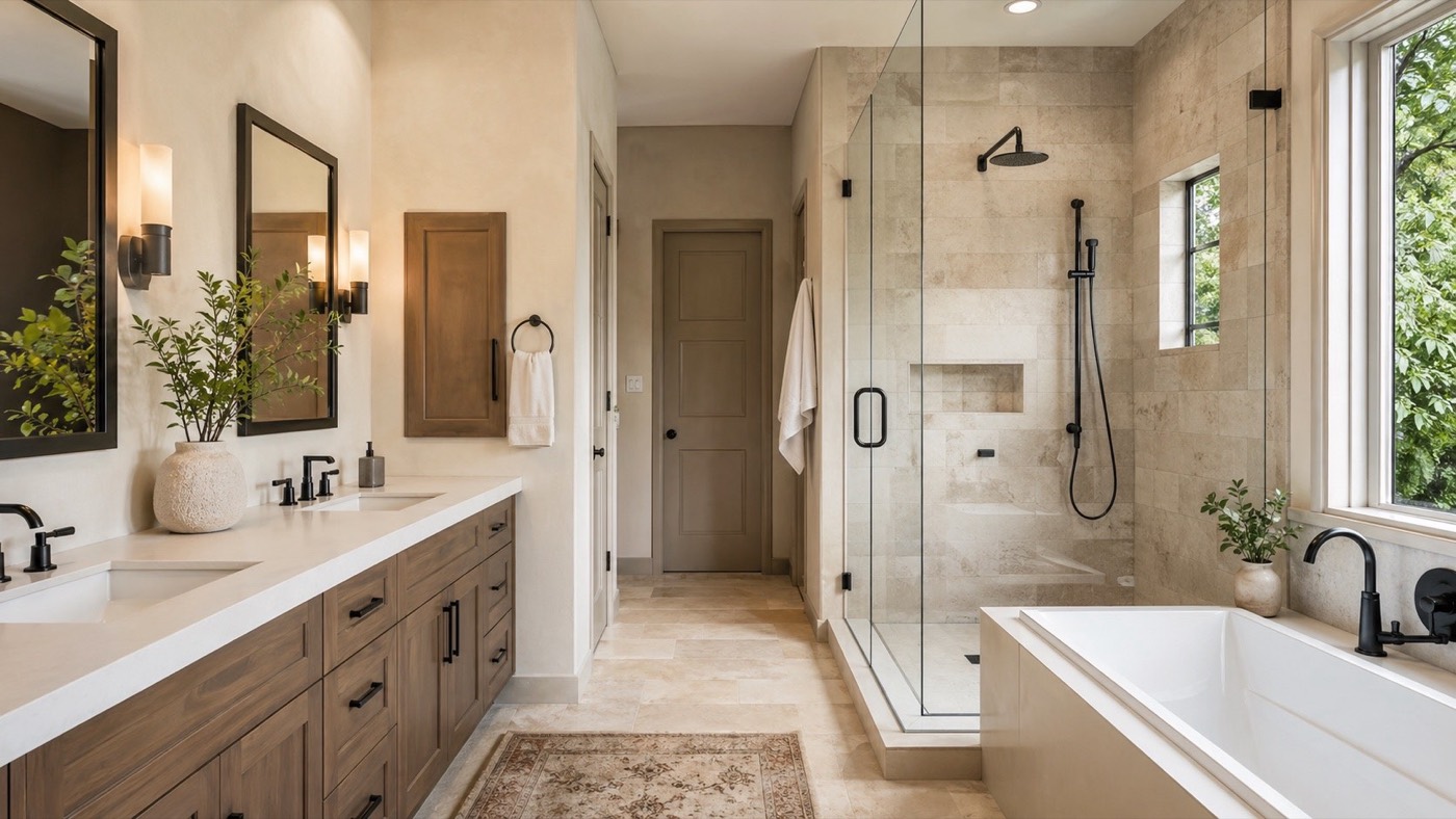 Finished San Antonio bathroom remodel with a tiled walk-in shower, double vanity, and soaking tub by C.S.W. Power Solutions
