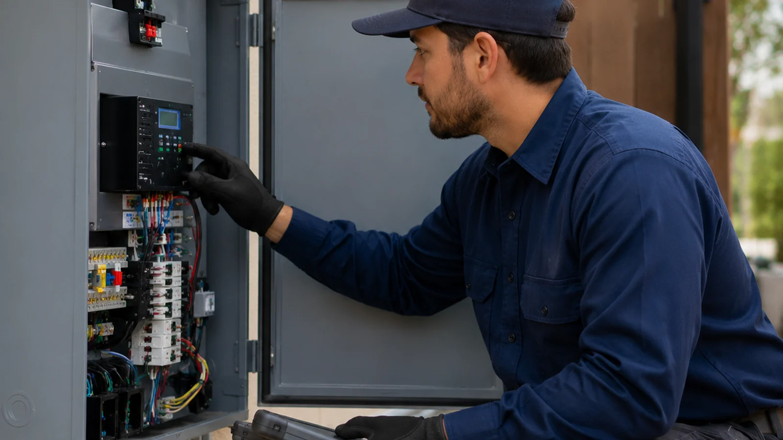 licensed-style technician inspecting automatic transfer switch safely