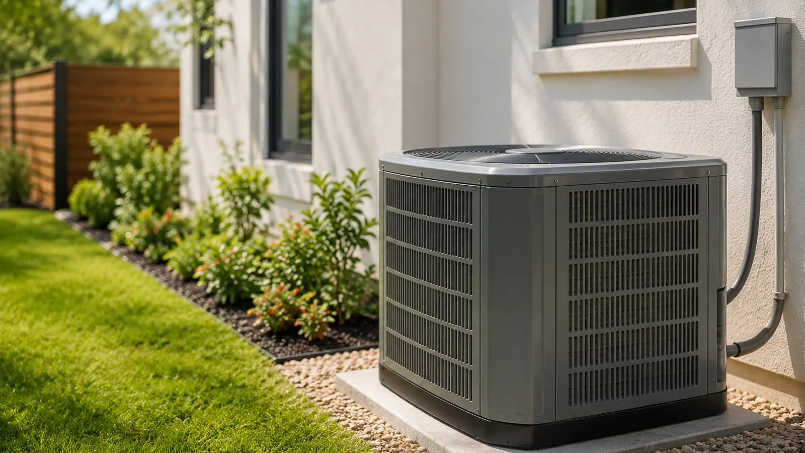 clean HVAC condenser service beside a modern home