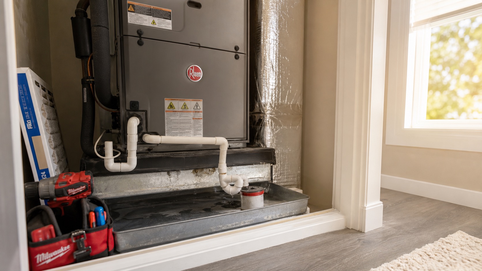 Residential HVAC air handler and condensate drain line setup for clogged AC drain diagnosis in San Antonio
