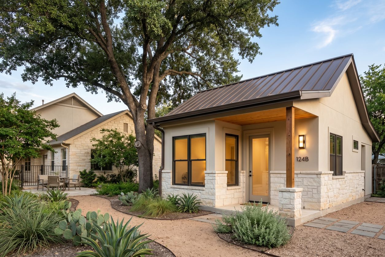 Newly built detached backyard ADU casita with limestone and stucco exterior beside a San Antonio, Texas home