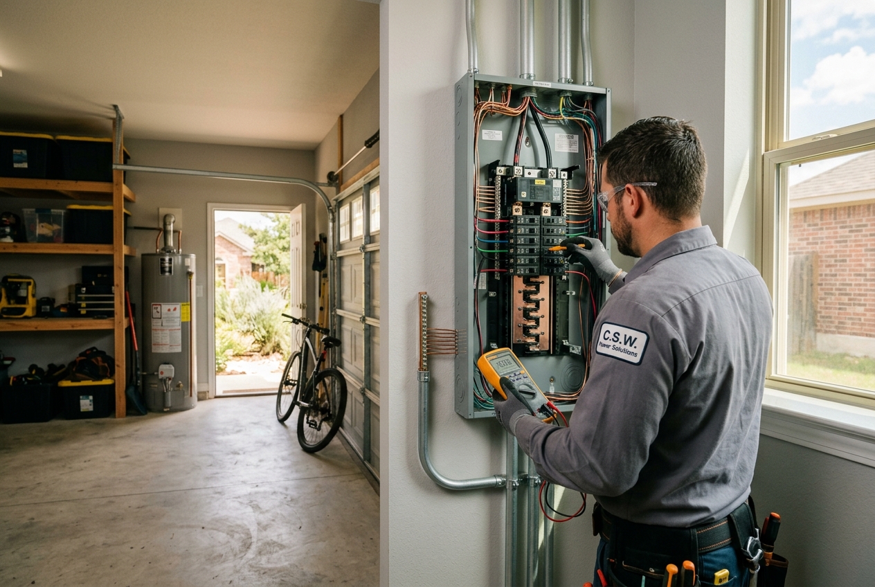 Licensed electrician reviewing a 200 amp electrical panel upgrade in a San Antonio garage for C.S.W. Power Solutions Licensed electrician reviewing a 200 amp electrical panel upgrade in a San Antonio garage for C.S.W. Power Solutions