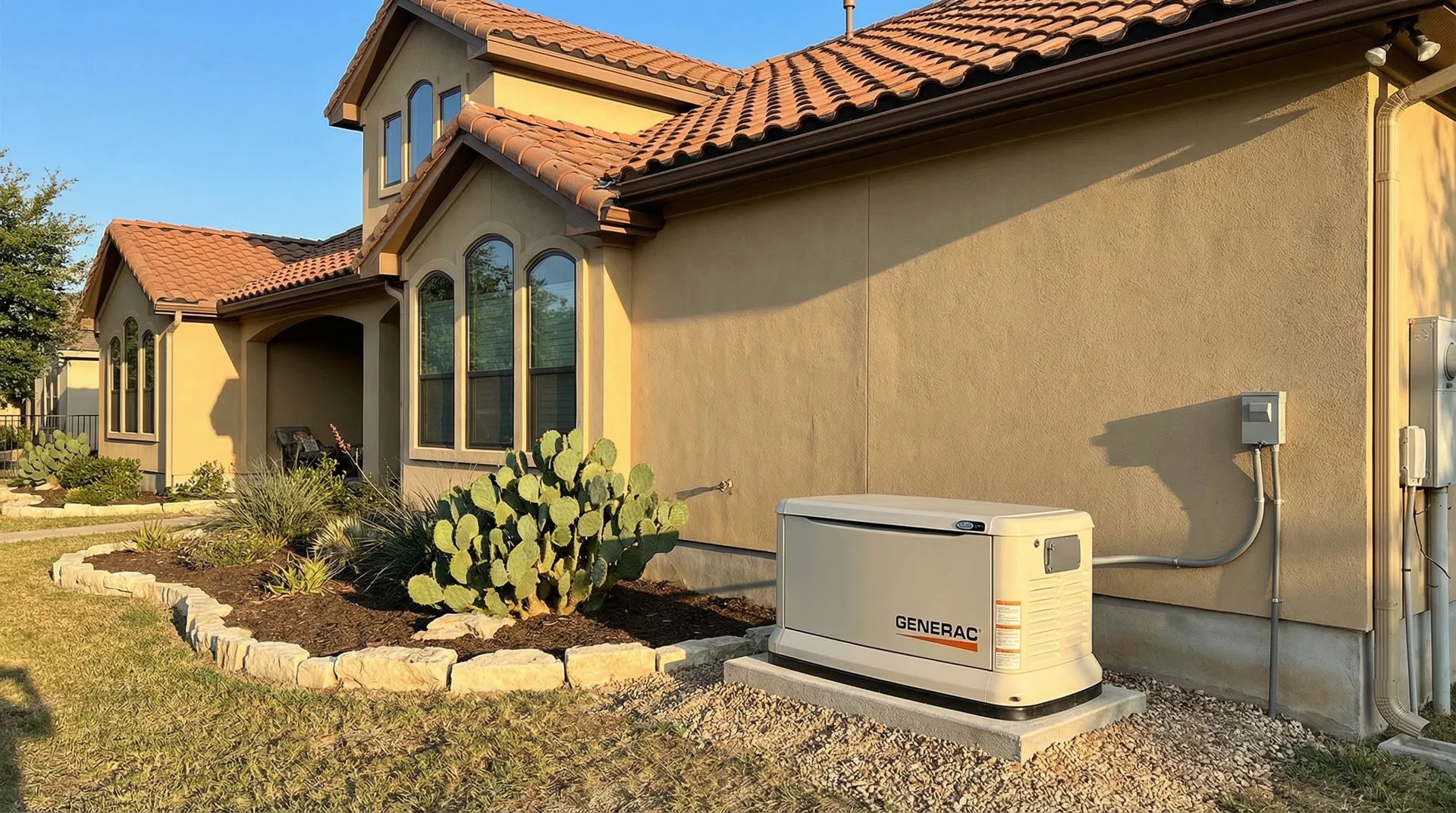 Generac standby generator professionally installed next to a San Antonio Texas-style stucco home with terracotta roof and native landscaping