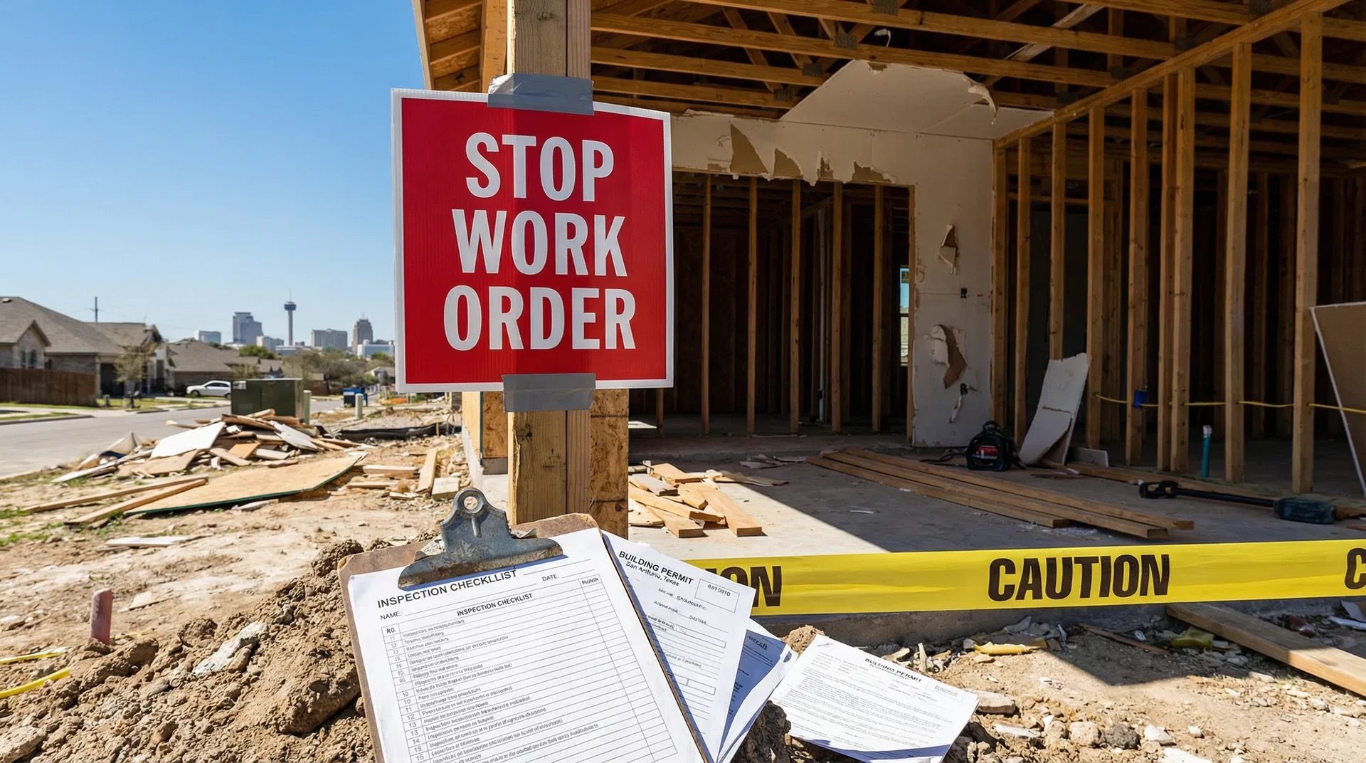 Stop work order sign posted on a San Antonio construction site flagged by the City of San Antonio Development Services Strike Team for unpermitted work