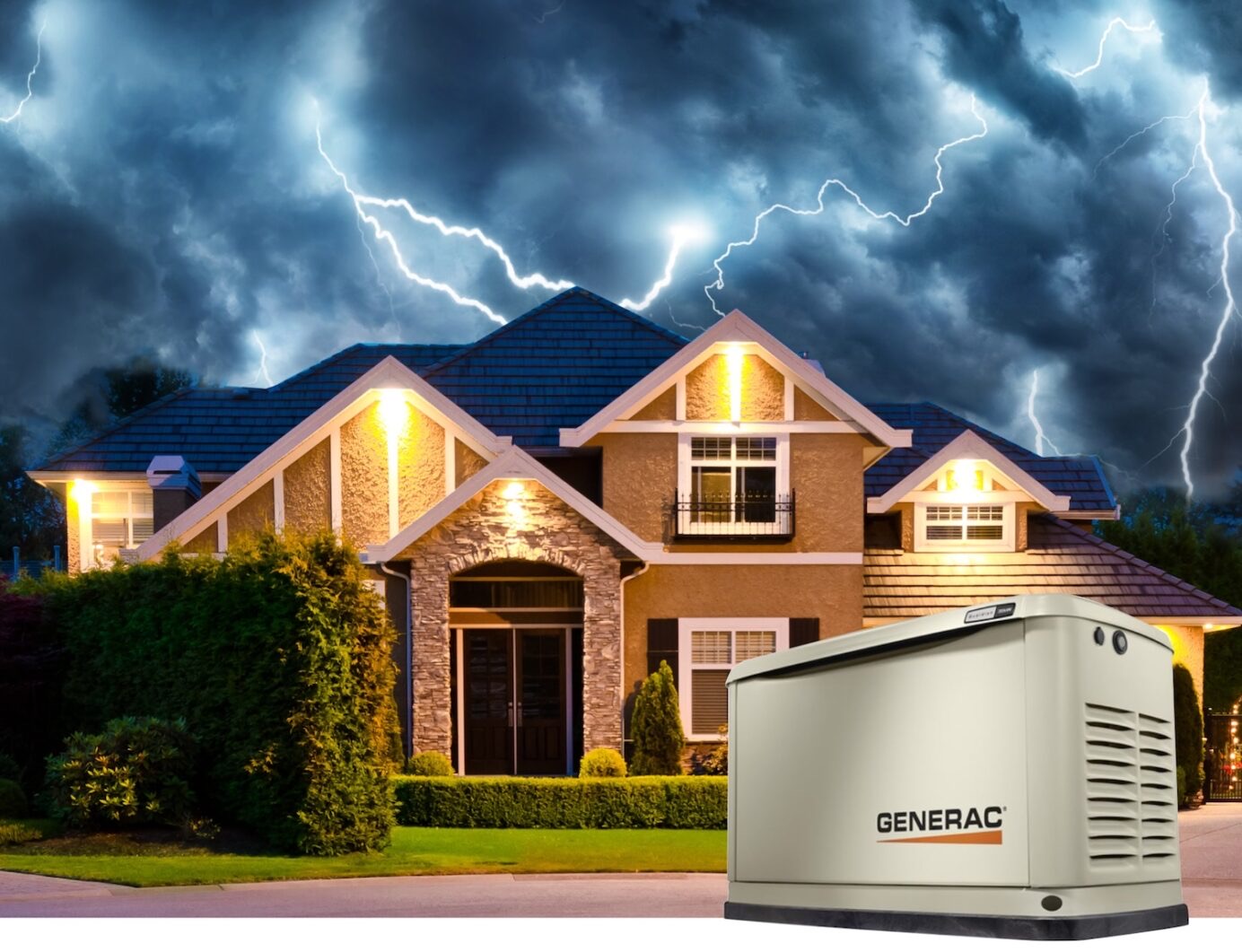 Generac standby generator running and keeping a South Texas home powered during a severe lightning storm and grid outage