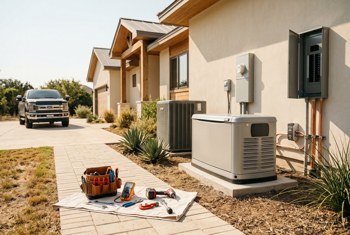 San Antonio home prepared for summer outage with standby generator, electrical panel, HVAC unit, and plumbing shutoff checklist by CSW Power Solutions San Antonio home prepared for summer outage with standby generator, electrical panel, HVAC unit, and plumbing shutoff checklist by CSW Power Solutions