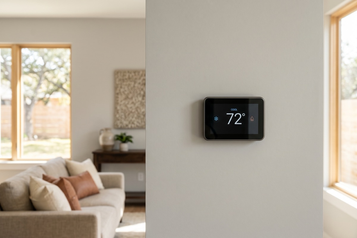 Modern smart thermostat showing 72 degrees mounted on the wall of a San Antonio home, set to cooling mode for the Texas summer