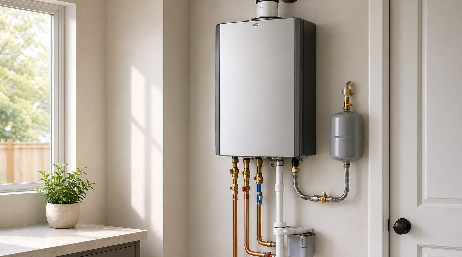 Licensed San Antonio plumber installing a wall-mounted tankless water heater with gas, water, and venting connections