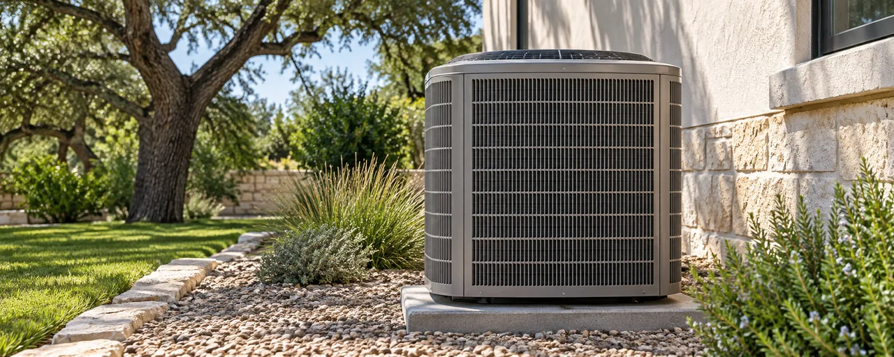 Air conditioning condenser on a concrete pad in a gravel bed beside a stucco and limestone wall.