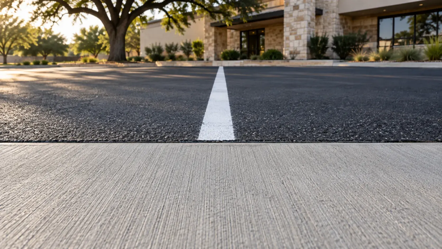 Broom-finished concrete paving beside an asphalt parking lot and a white painted stripe.