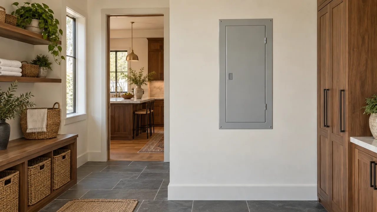 Closed gray electrical panel on a white mudroom wall beside storage baskets.
