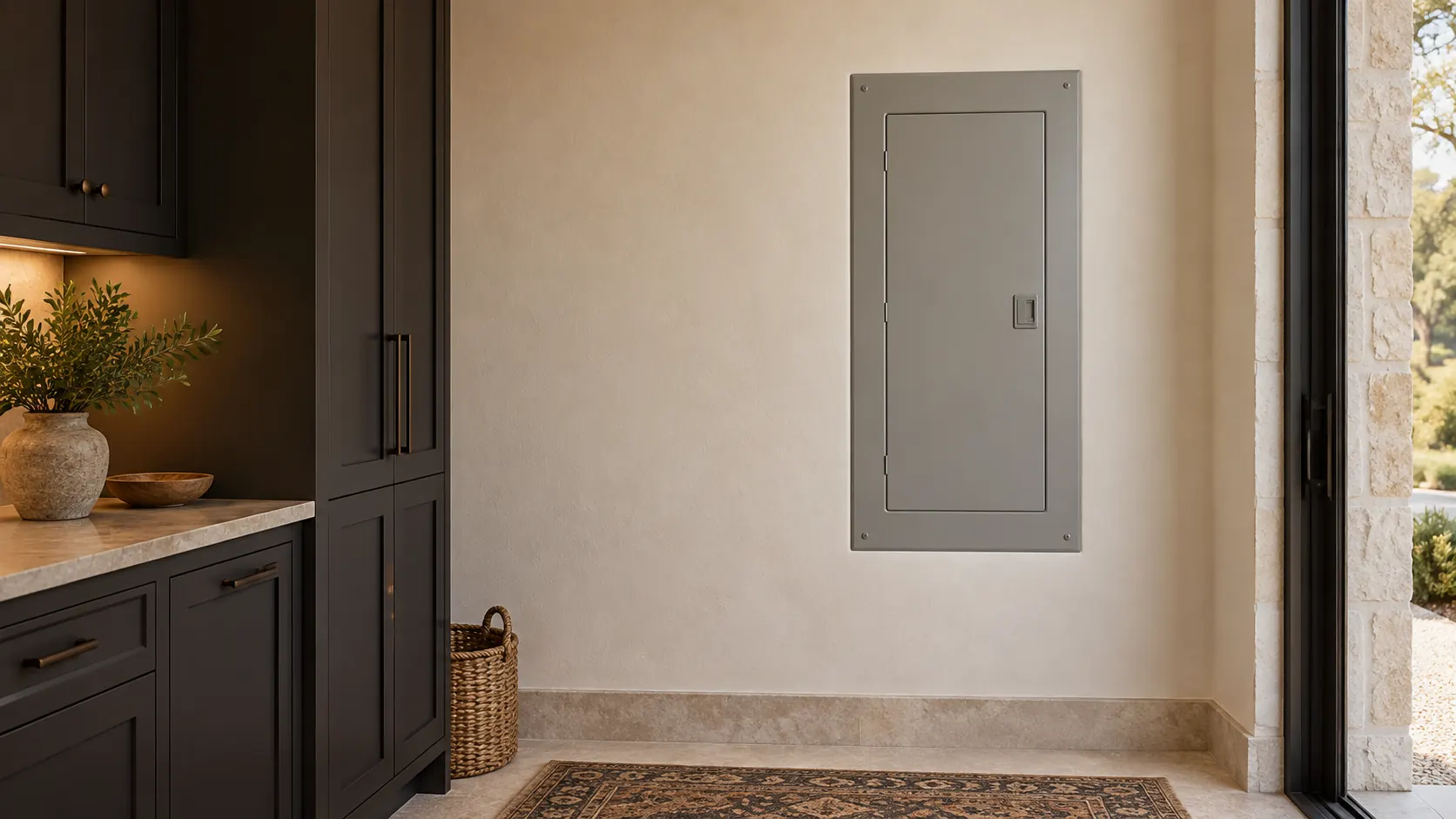 Closed gray electrical panel on a cream plaster wall in a mudroom with dark cabinets.