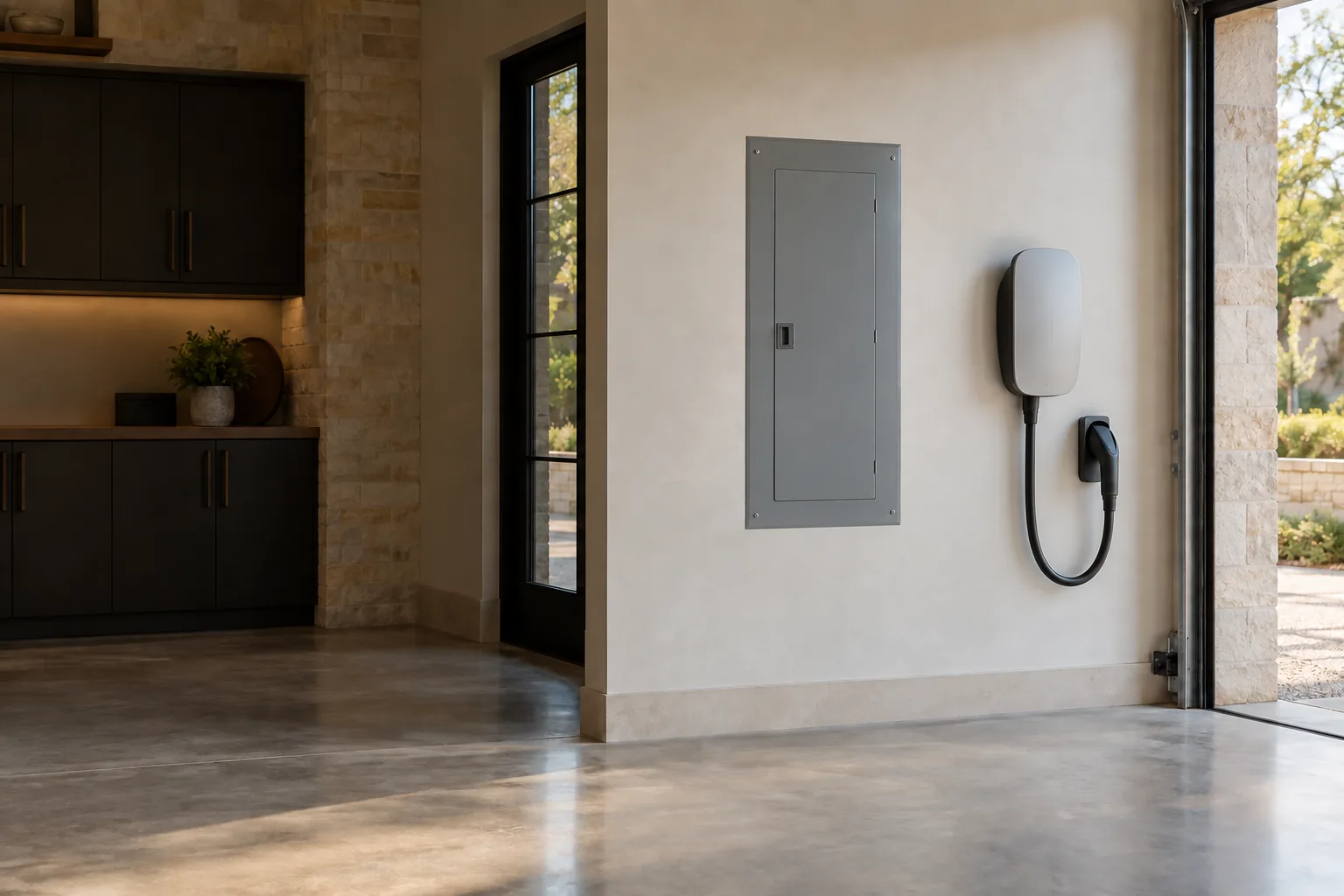 Electrical installation with a closed panel and wall-mounted EV charger in a garage.