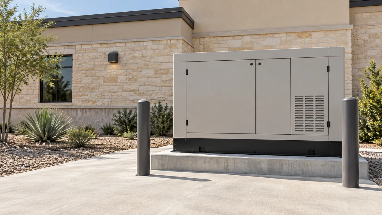 Enclosed commercial standby generator on a raised concrete pad between two bollards.