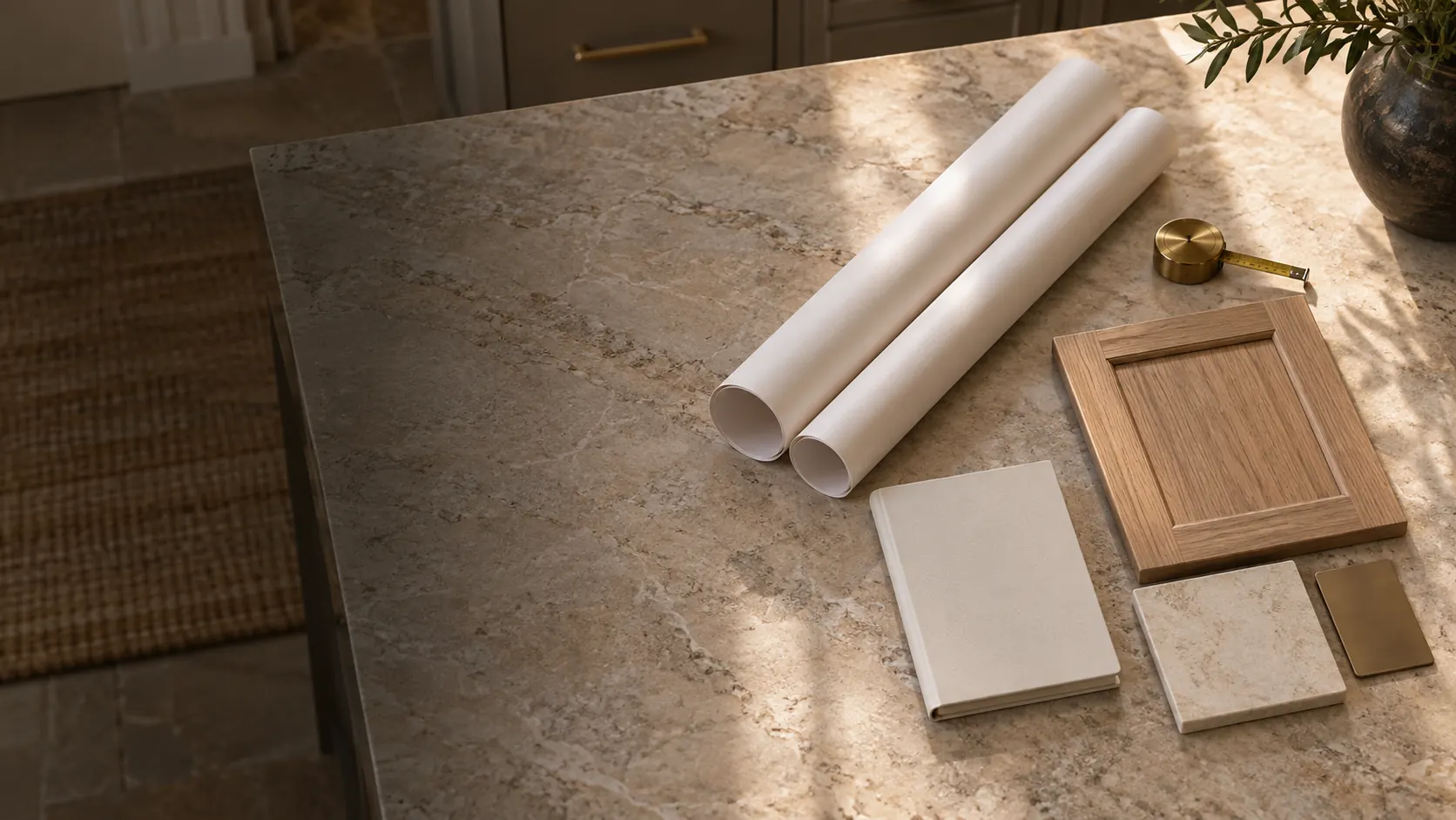 Kitchen island with blank plan sheets, a notebook, a brass tape measure and material samples.