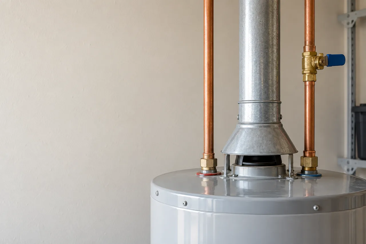 Gas water heater, draft hood and copper connections illustrating San Antonio water heater repair planning.