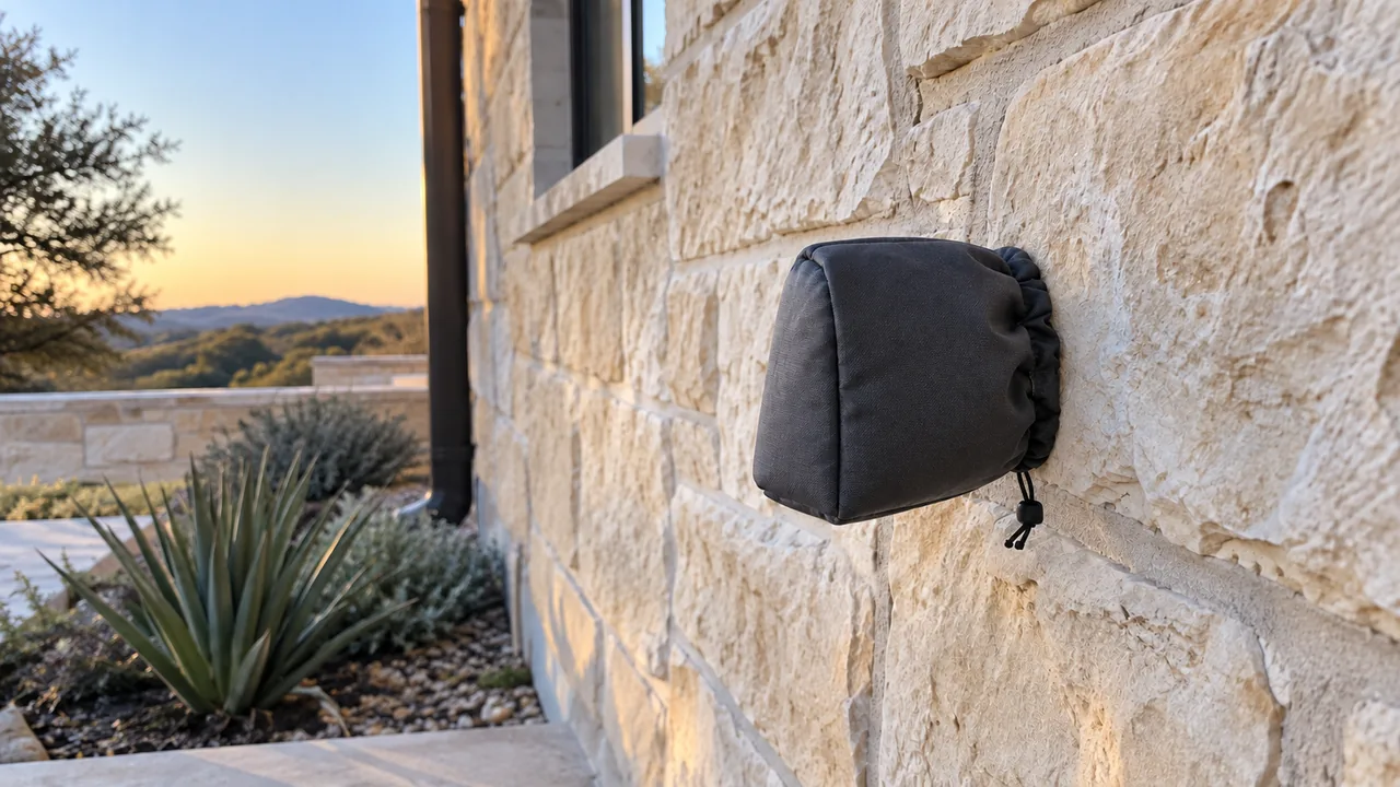 Insulated cover over an outdoor faucet on a limestone wall, beside a downspout.