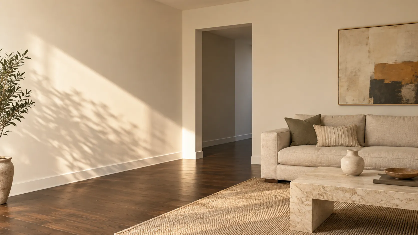 Living room with smooth ivory walls in dappled window light, white baseboards and dark floors.