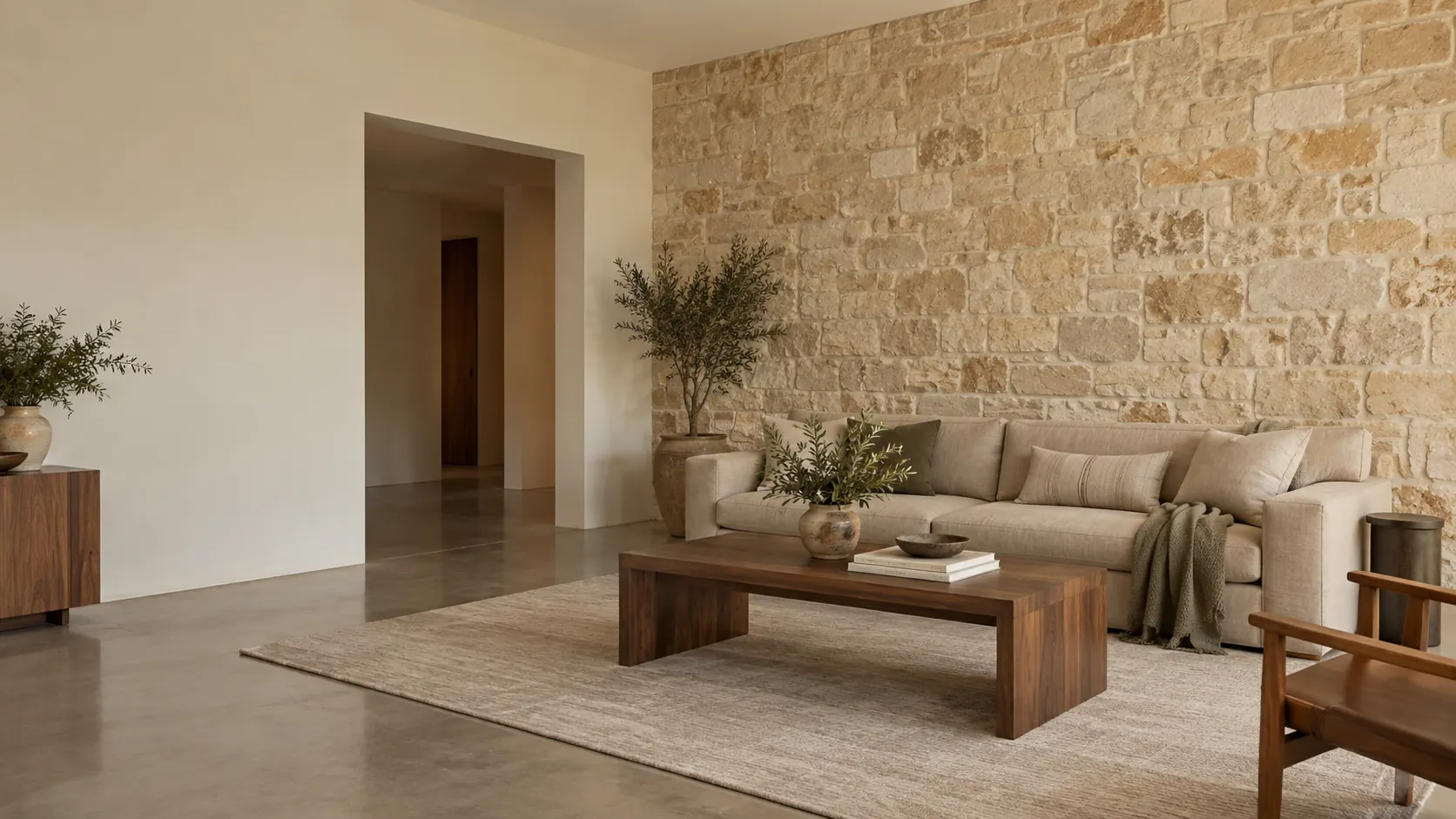 Living room with a limestone accent wall, a linen sofa and a walnut coffee table on a rug.