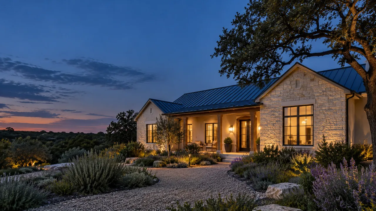 Illustration of a limestone and stucco ranch home with a metal roof and native landscaping at dusk.