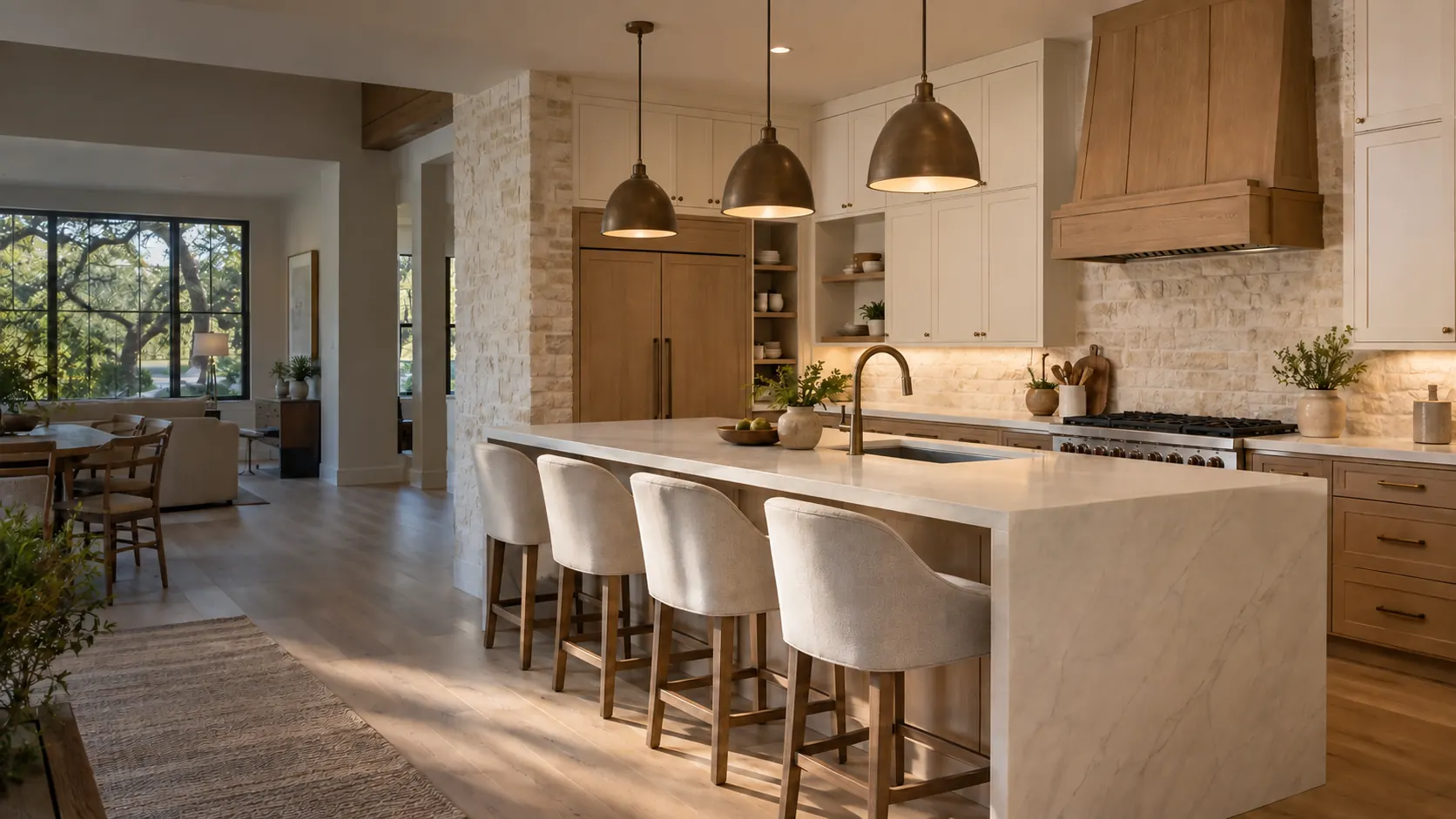Kitchen remodel design with a marble waterfall island, brass pendants and a wood range hood.