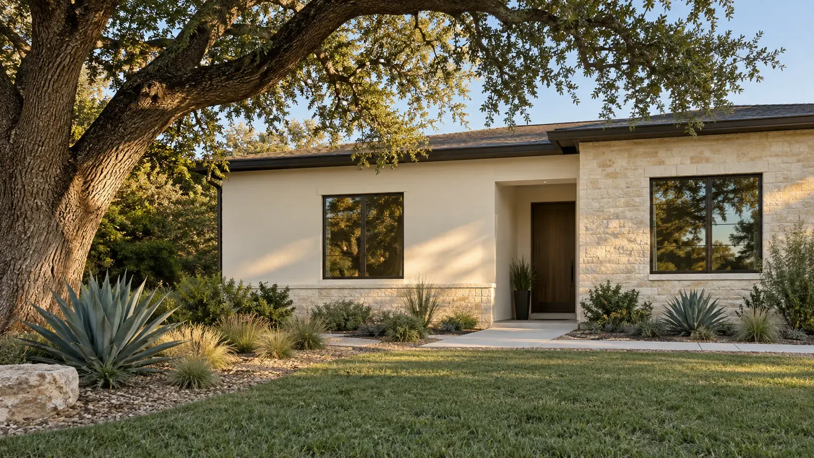 Single-story home with ivory stucco walls, limestone accents, dark-framed windows, wood door.