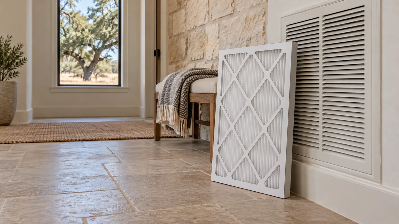Pleated air filter leaning beside a large louvered return-air grille in an entry.