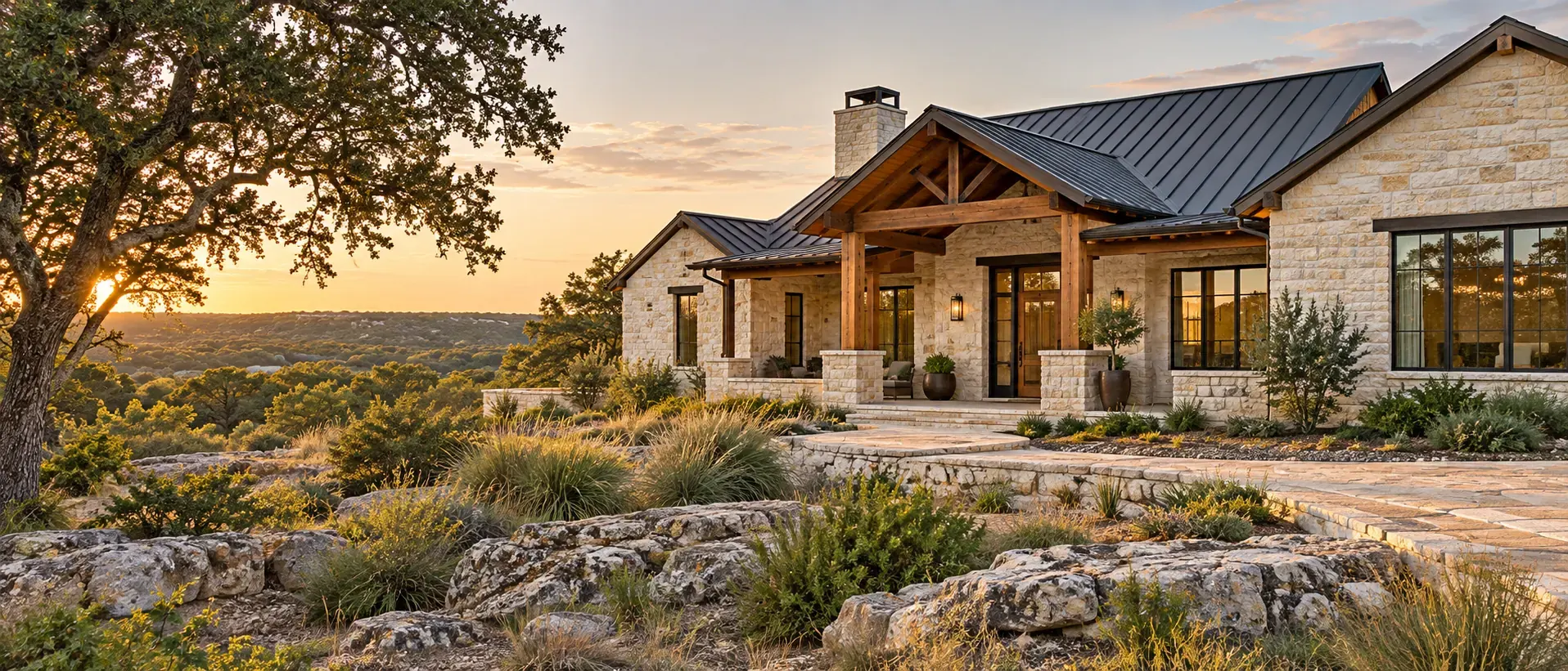Illustration of a limestone ranch house with a metal roof, timber-framed porch and stone chimney.
