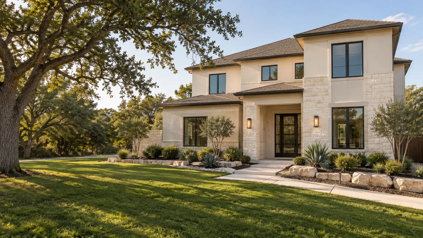 Illustration of a two-story stucco and limestone contemporary home with a glass double entry door.