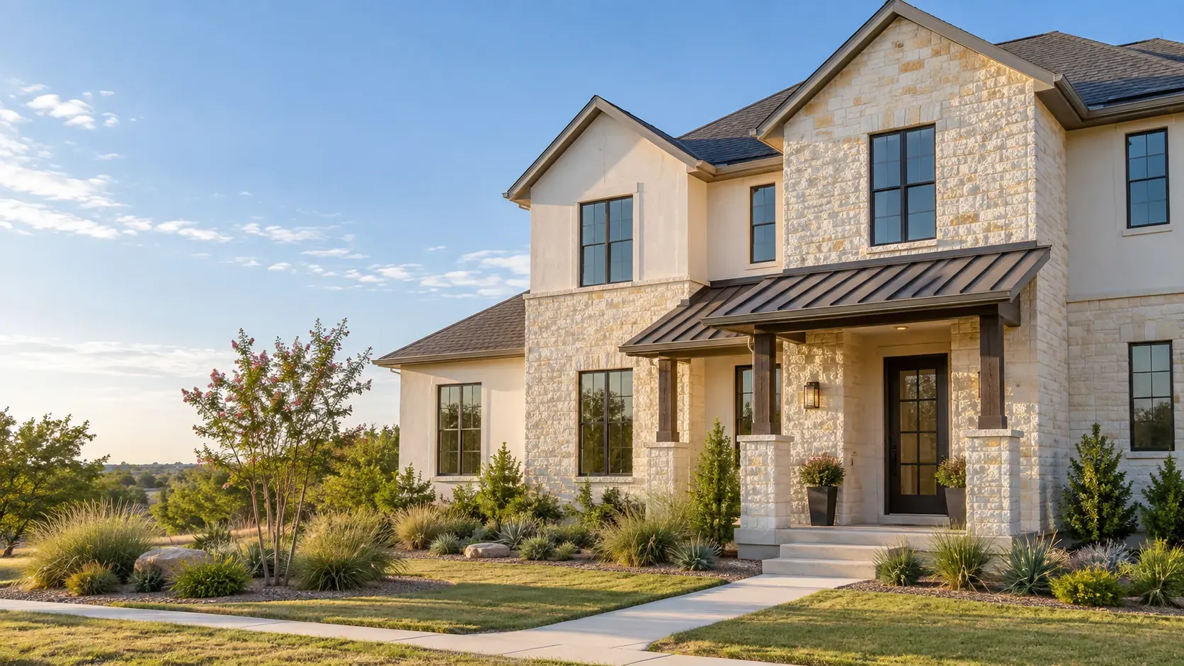 Illustration of a two-story limestone and stucco home with a dark metal porch roof.