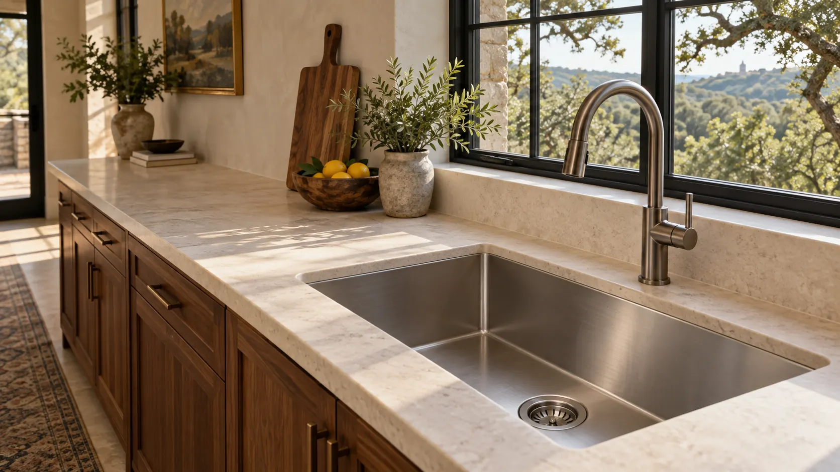 Stainless undermount kitchen sink with a basket strainer and gooseneck faucet on stone counter.