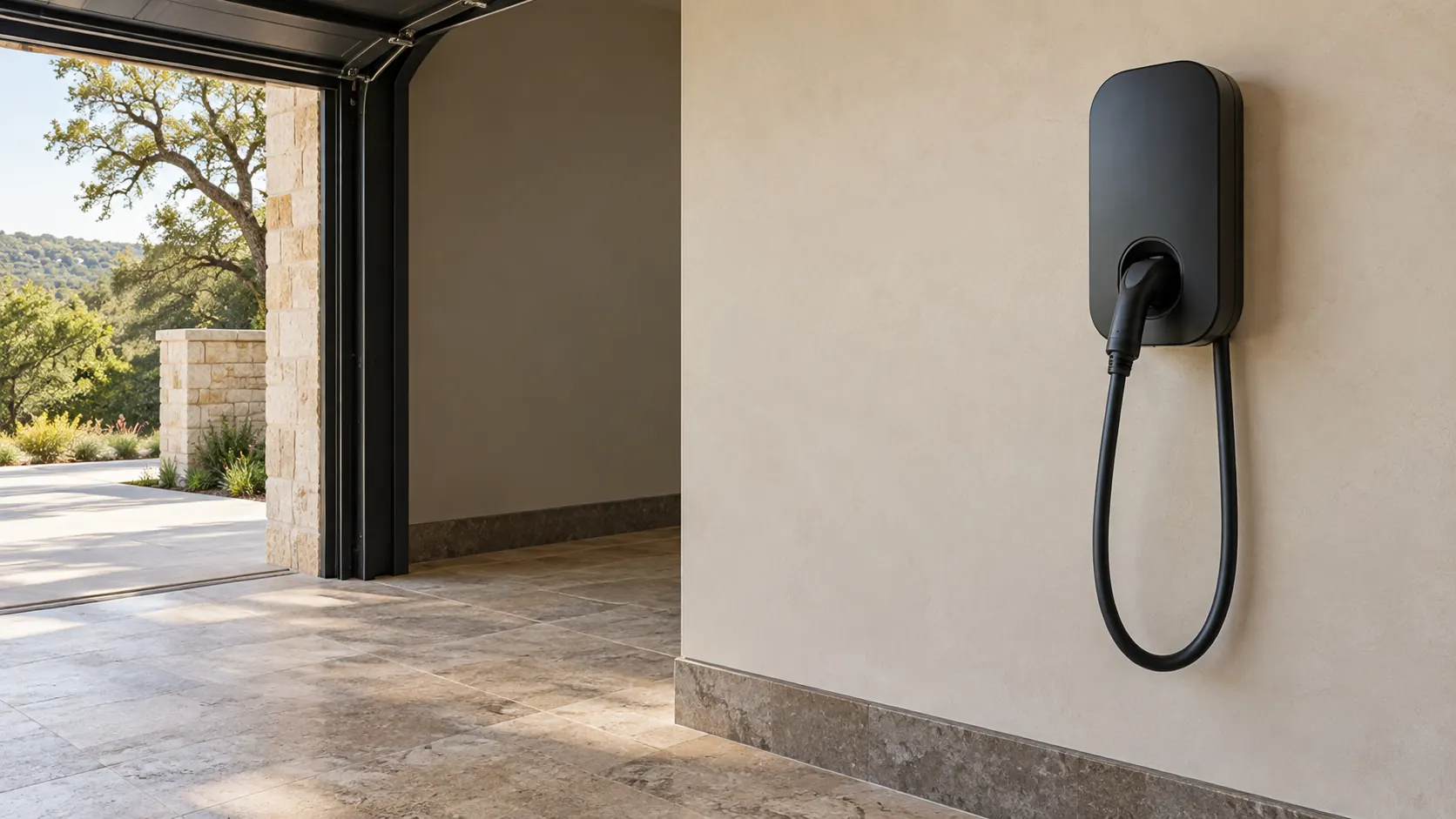 Wall-mounted EV charger with its cable looped and plug docked on a stucco garage wall.