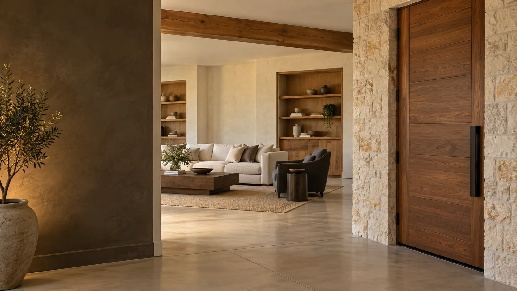 Entry with a tall walnut door in a limestone wall, opening to a living room with oak shelves.