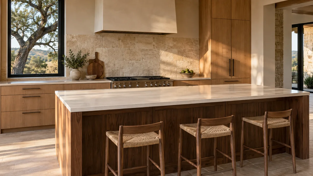 Kitchen with a walnut island, woven-seat stools, white oak cabinets and a plaster range hood.
