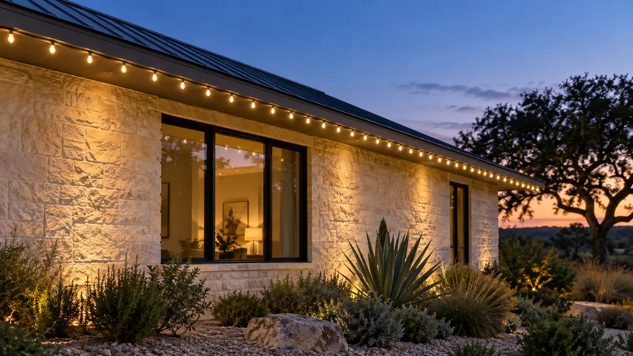 Warm-white string lights along the roof eave of a limestone home at dusk.
