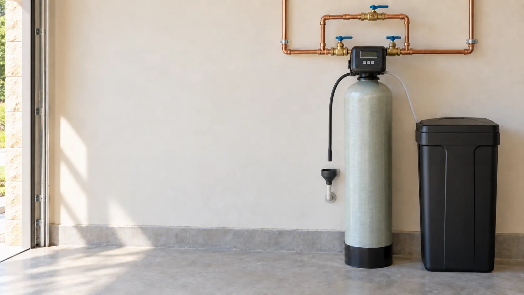 Water softener and black brine tank with a copper three-valve bypass, brine tube, drain line.