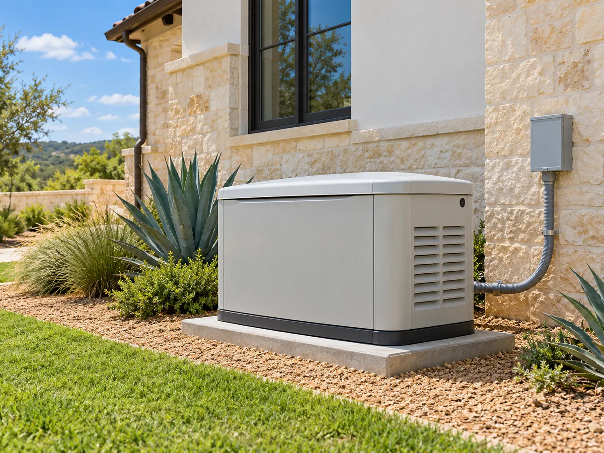 Air-cooled home standby generator beside a Hill Country home, San Antonio TX Light gray air-cooled home standby generator on a concrete pad beside a limestone and stucco house, with conduit running to a wall-mounted disconnect box, gravel, agaves and a green lawn under a blue sky