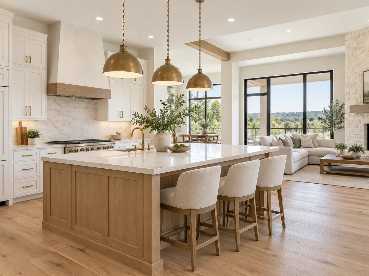 Remodeled Hill Country kitchen with white oak island, San Antonio TX general contractor Remodeled open kitchen with white shaker cabinets, a white oak island with three upholstered stools and brass pendant lights, opening to a living room with a limestone fireplace and large windows