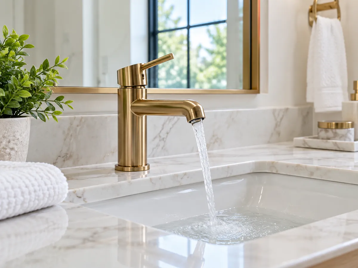 Brushed-brass bathroom faucet and marble vanity, San Antonio TX plumbing Brushed-brass faucet running water into a white undermount sink on a marble vanity in a bright, sunlit bathroom