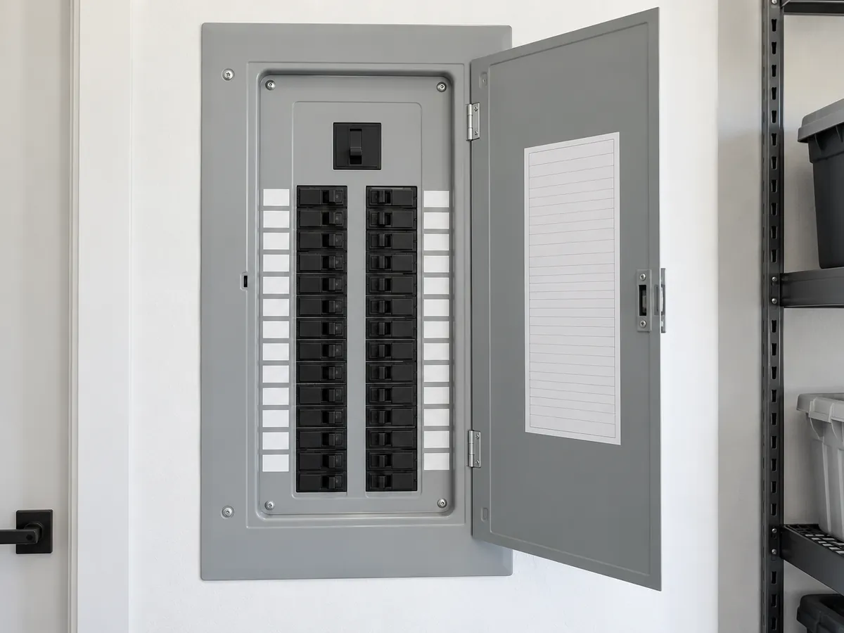 Modern residential electrical breaker panel, San Antonio TX electrician Clean modern residential breaker panel with its gray door open, a main breaker above two neat columns of black circuit breakers with white label strips, set in a bright white garage wall