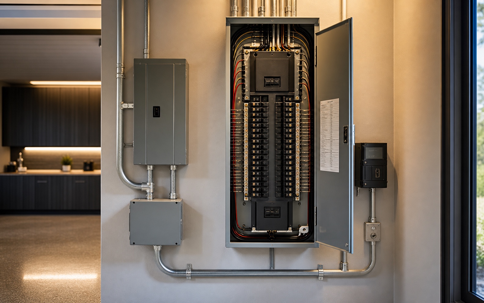 Opened residential electrical panel interior showing main lugs and breakers during licensed troubleshooting in San Antonio