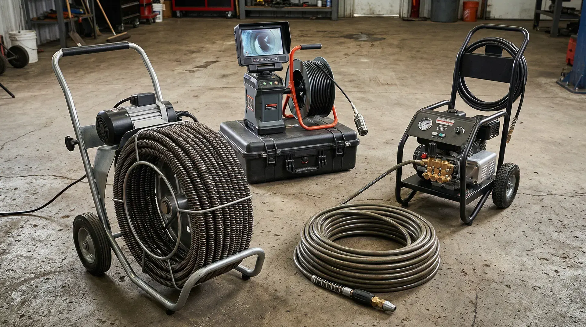 Drum drain machine, sewer camera reel and pressure washer staged on a shop floor.