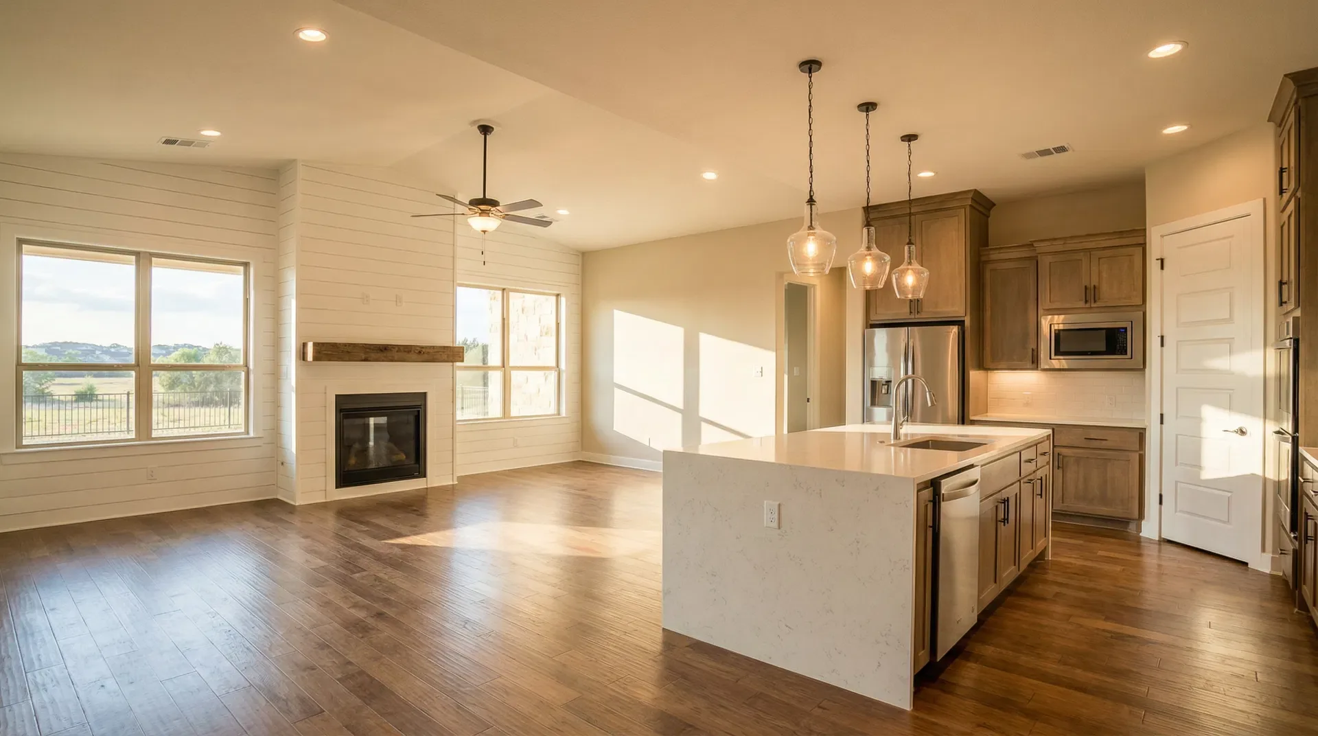 Open-plan living room and kitchen with an island, pendant lights and a fireplace.
