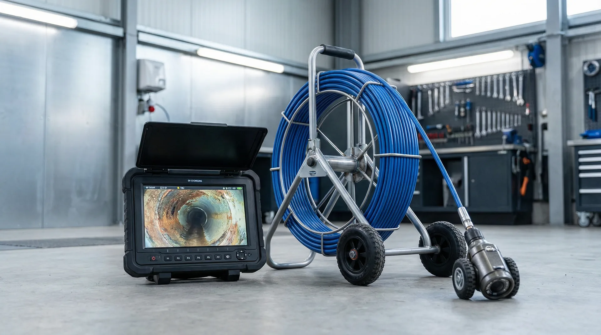 Sewer inspection camera reel and monitor staged in a shop.