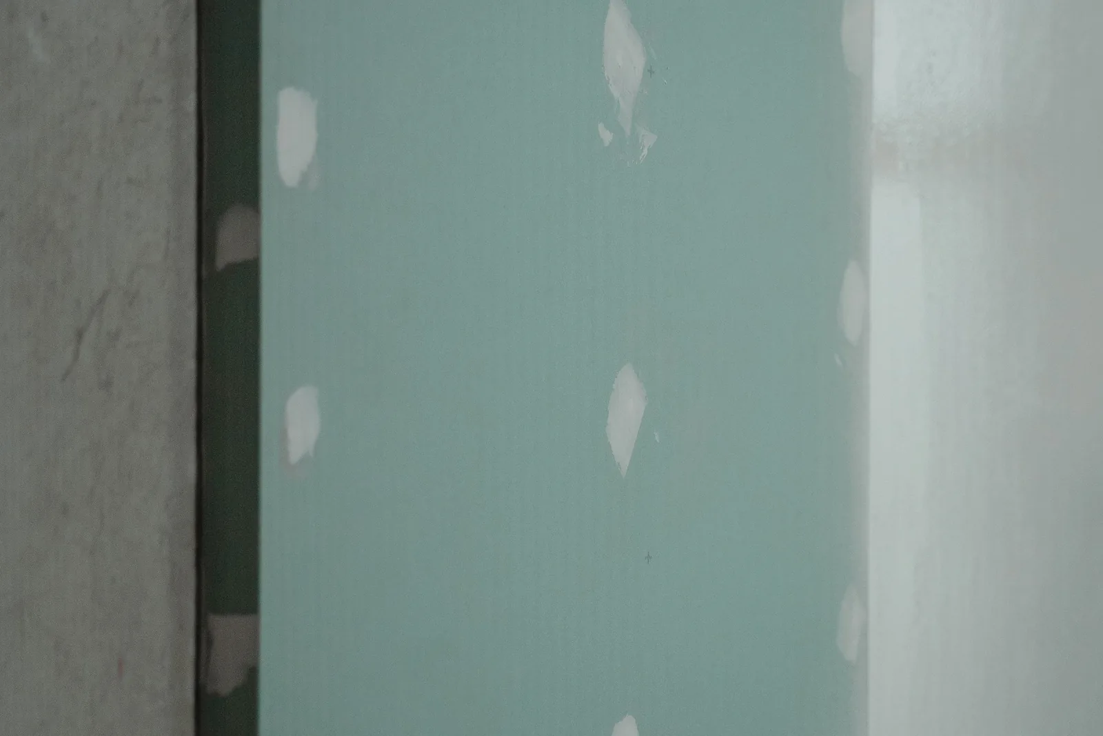 Green drywall panel with spots of joint compound over the fasteners next to a white wall.